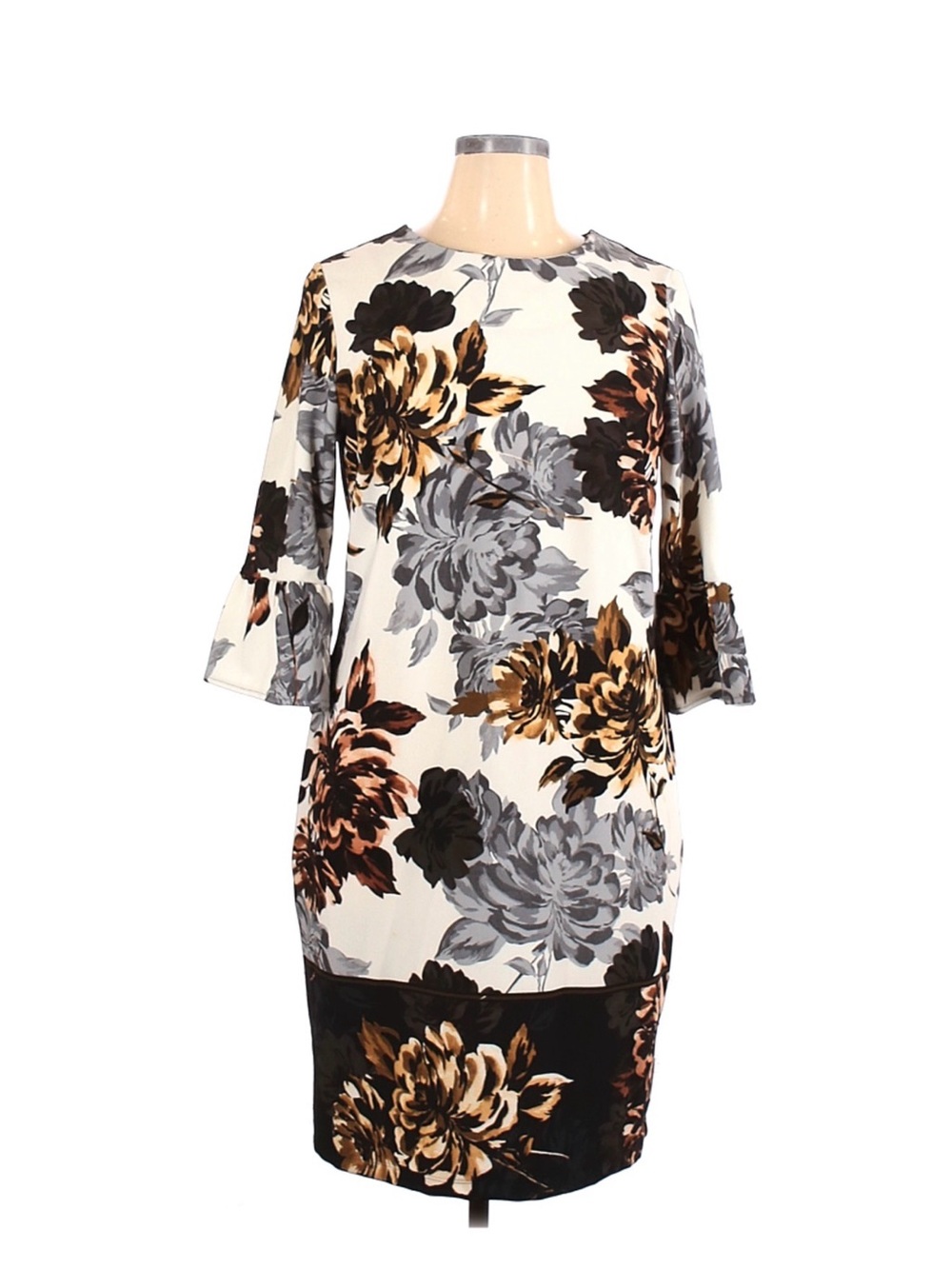 Floral Crewneck Shift Dress in Cream and Black